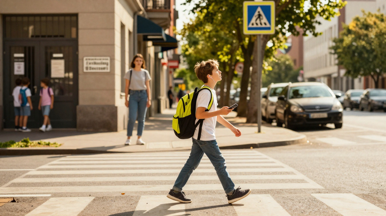 Criança com mochila amarela atravessa faixa de pedestres segura em rua urbana ensolarada.