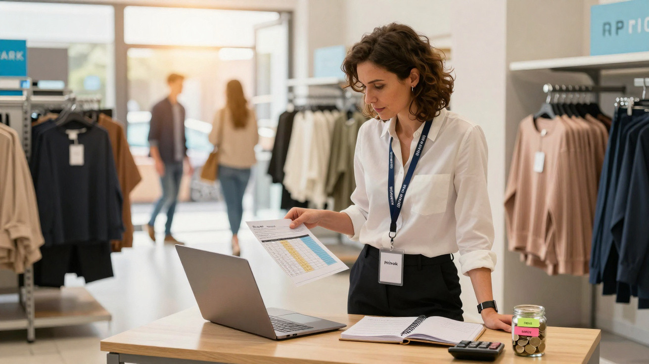 Mulher com crachá analisa planilha em loja de roupas moderna, com notebook e calculadora na mesa.