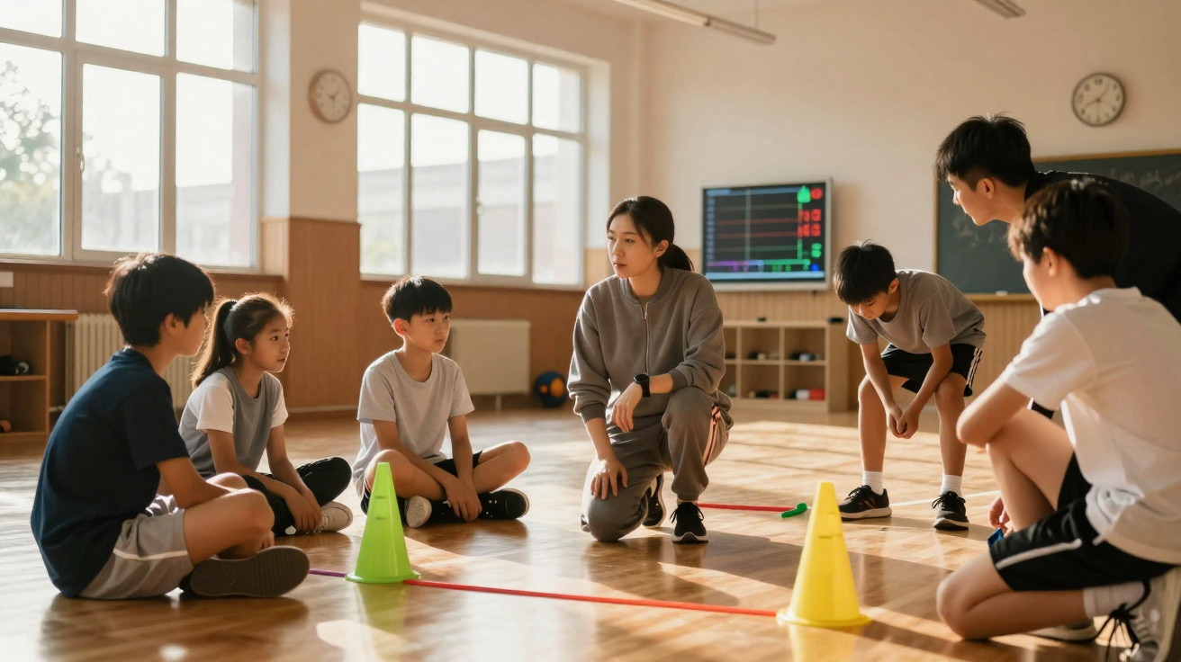 Professora e crianças sentadas em círculo em ginásio com cones coloridos durante atividade física escolar.