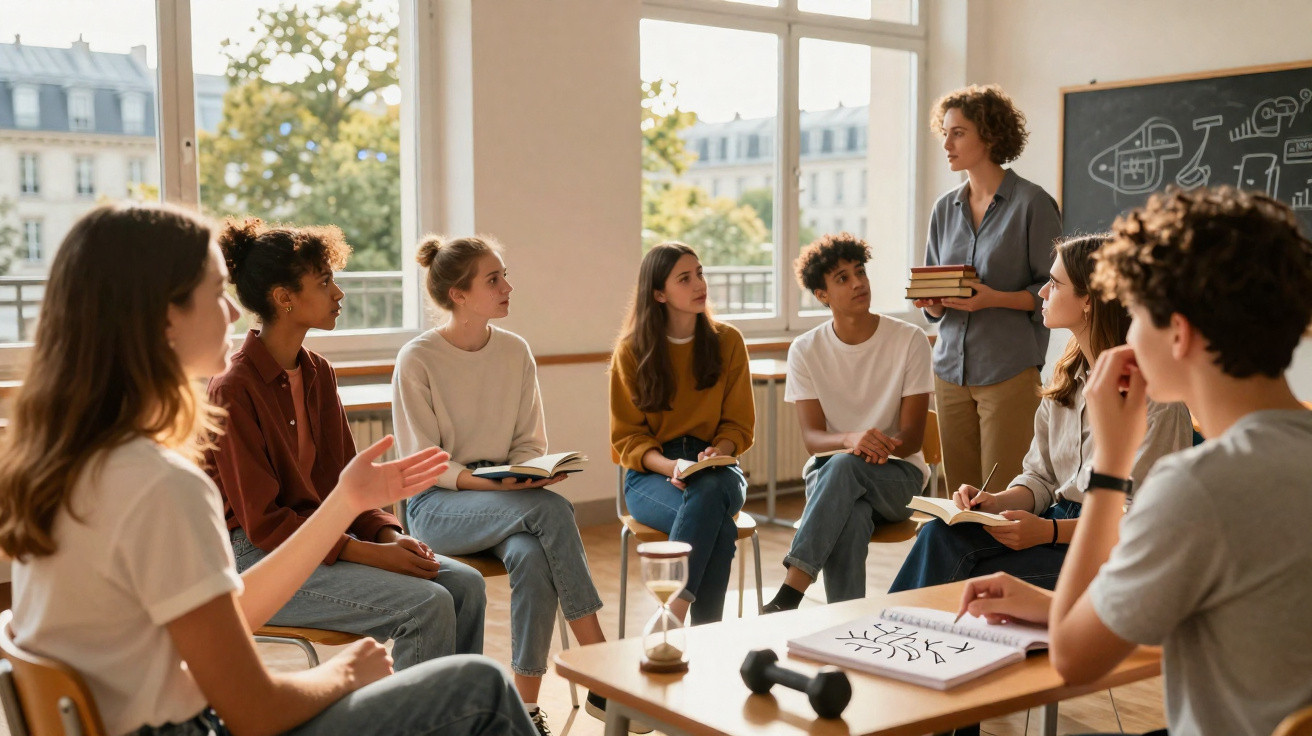 Grupo de jovens sentados em círculo conversando, com uma pessoa em pé segurando livros em sala iluminada.