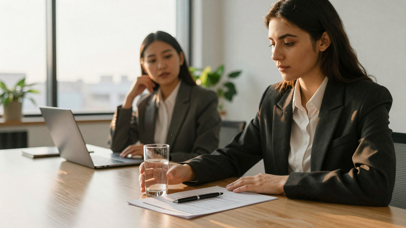 Mulher em entrevista de emprego segurando copo de água, outra mulher observa ao fundo com laptop aberto.