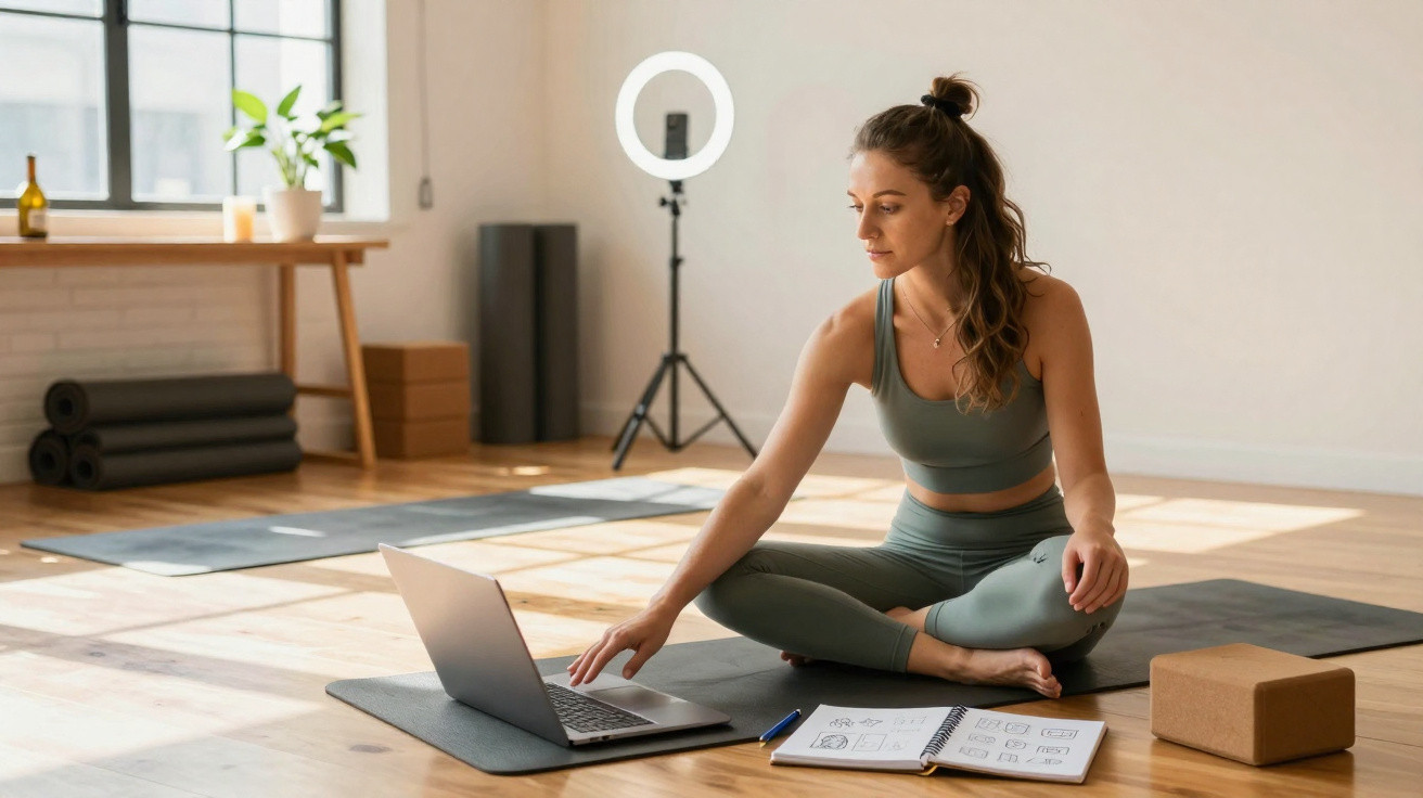 Mulher em roupas esportivas sentada em tapete, usando laptop com anotações ao lado em sala iluminada.