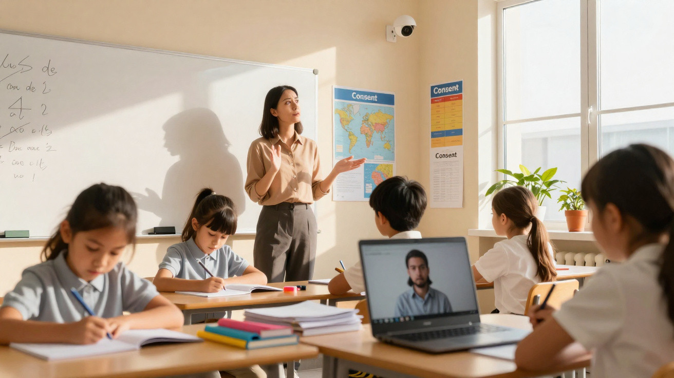 Professora explicando lição para alunos em sala de aula com laptop mostrando aula online.