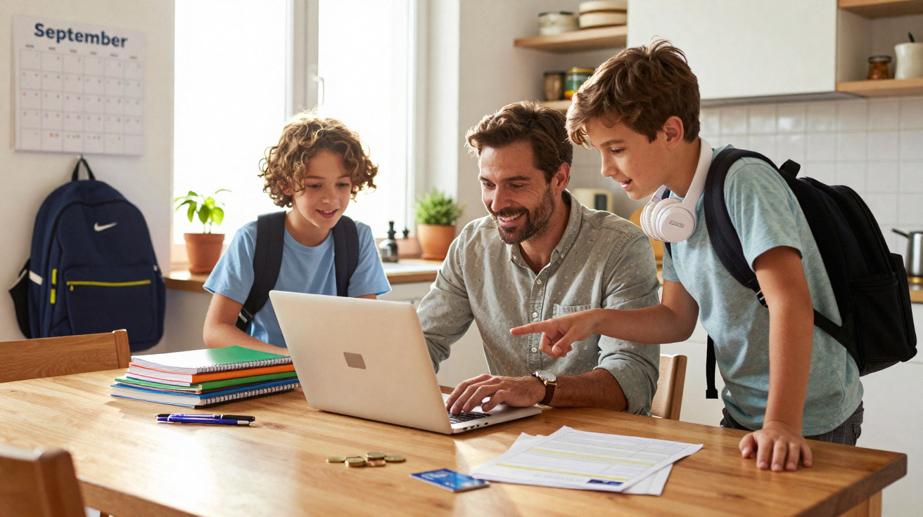 Pai e dois filhos com mochilas usando laptop na cozinha, com cadernos e documentos sobre a mesa.