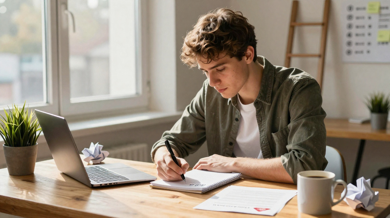 Jovem estudando e escrevendo em caderno ao lado de laptop, com planta, xícaras e papel amassado na mesa.