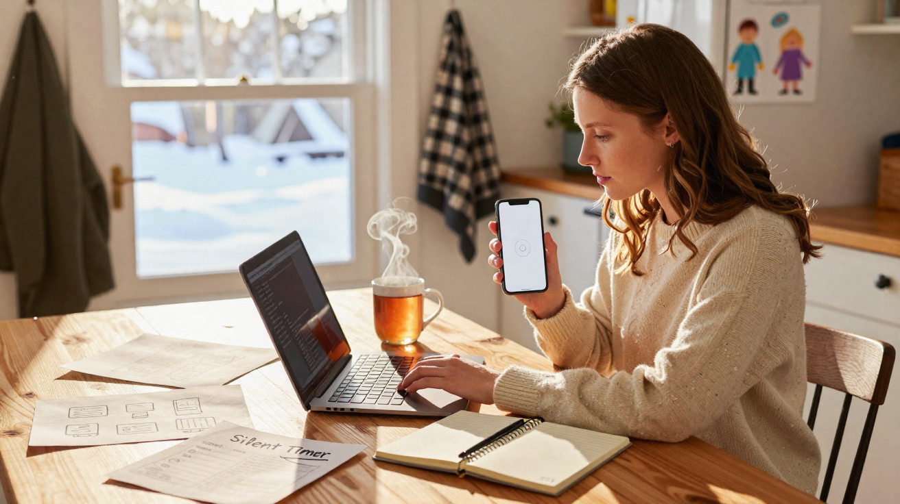 Mulher usando celular e laptop numa mesa com caderno e xícara de chá quente em ambiente iluminado.