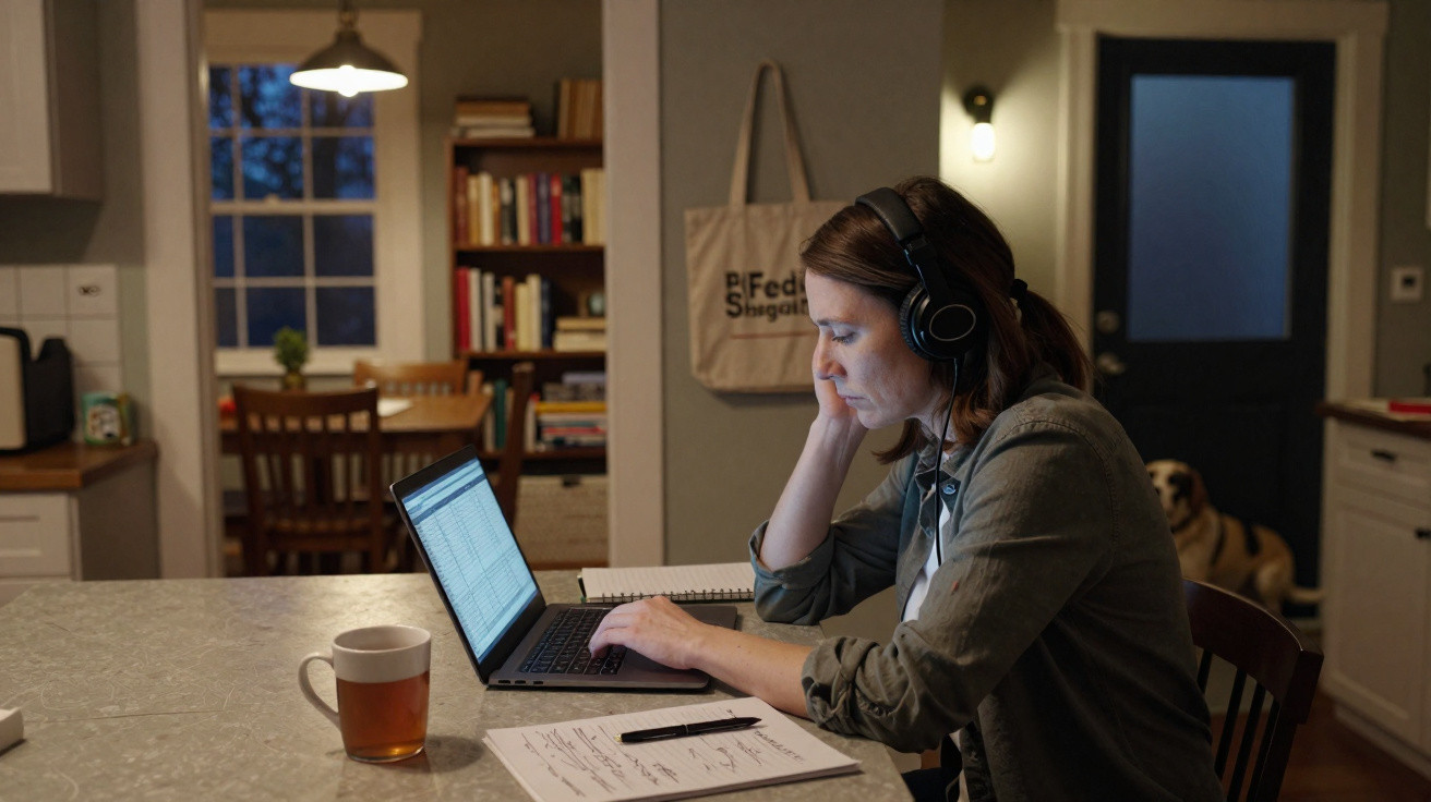 Mulher com fones de ouvido trabalha concentrada em notebook na cozinha à noite, com chá e anotações na mesa.