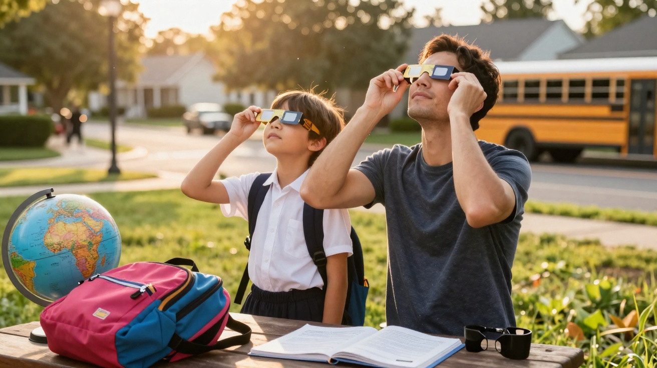 Pai e filho observam eclipse solar com óculos especiais em parque, mochila e globo terrestre ao lado.