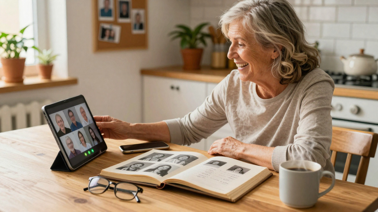 Mulher idosa sorrindo em vídeo chamada no tablet, com álbum de fotos aberto à sua frente na cozinha.