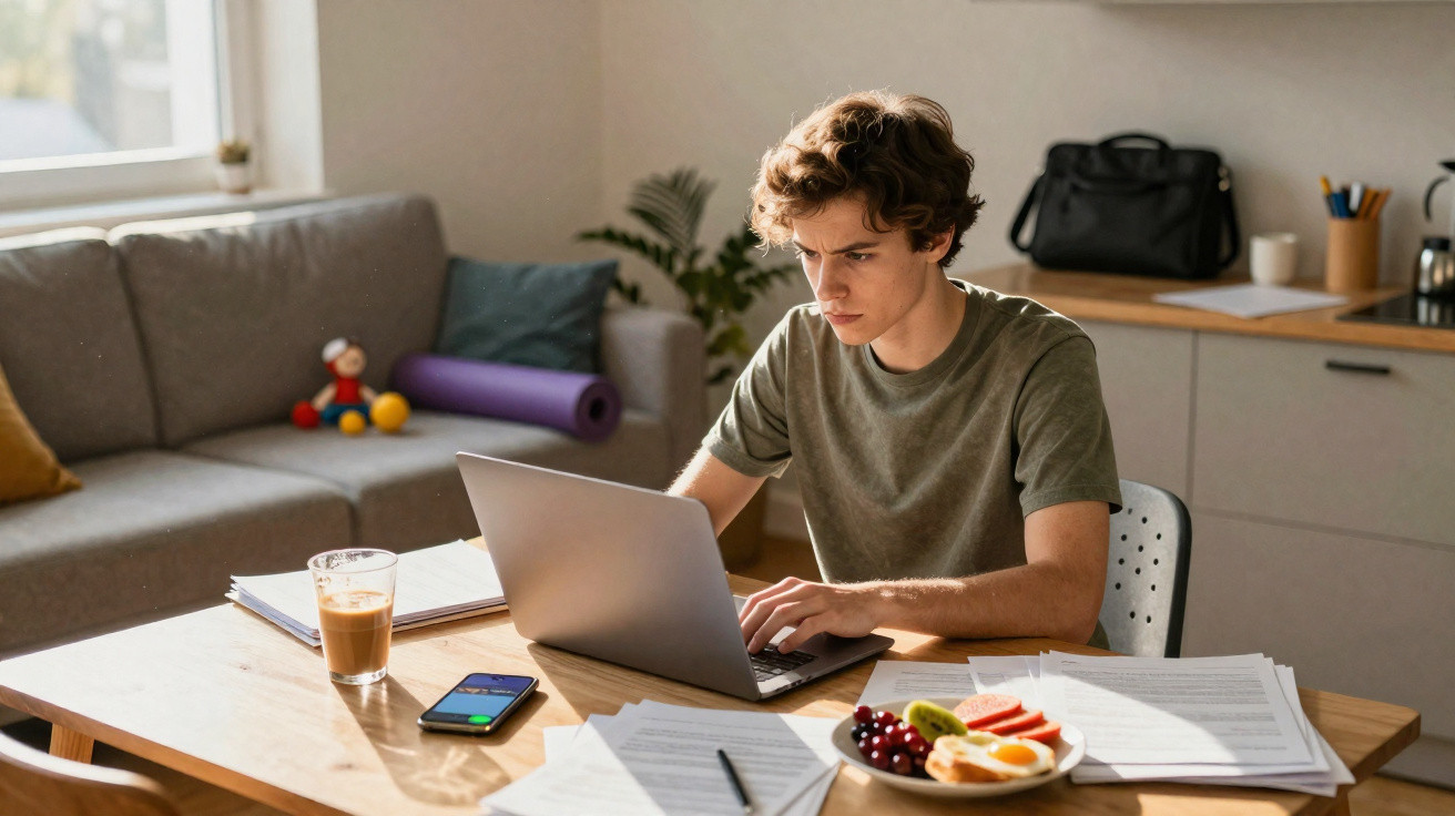 Jovem concentrado usando laptop em mesa com documentos, celular, café e petiscos perto de sofá e janela.