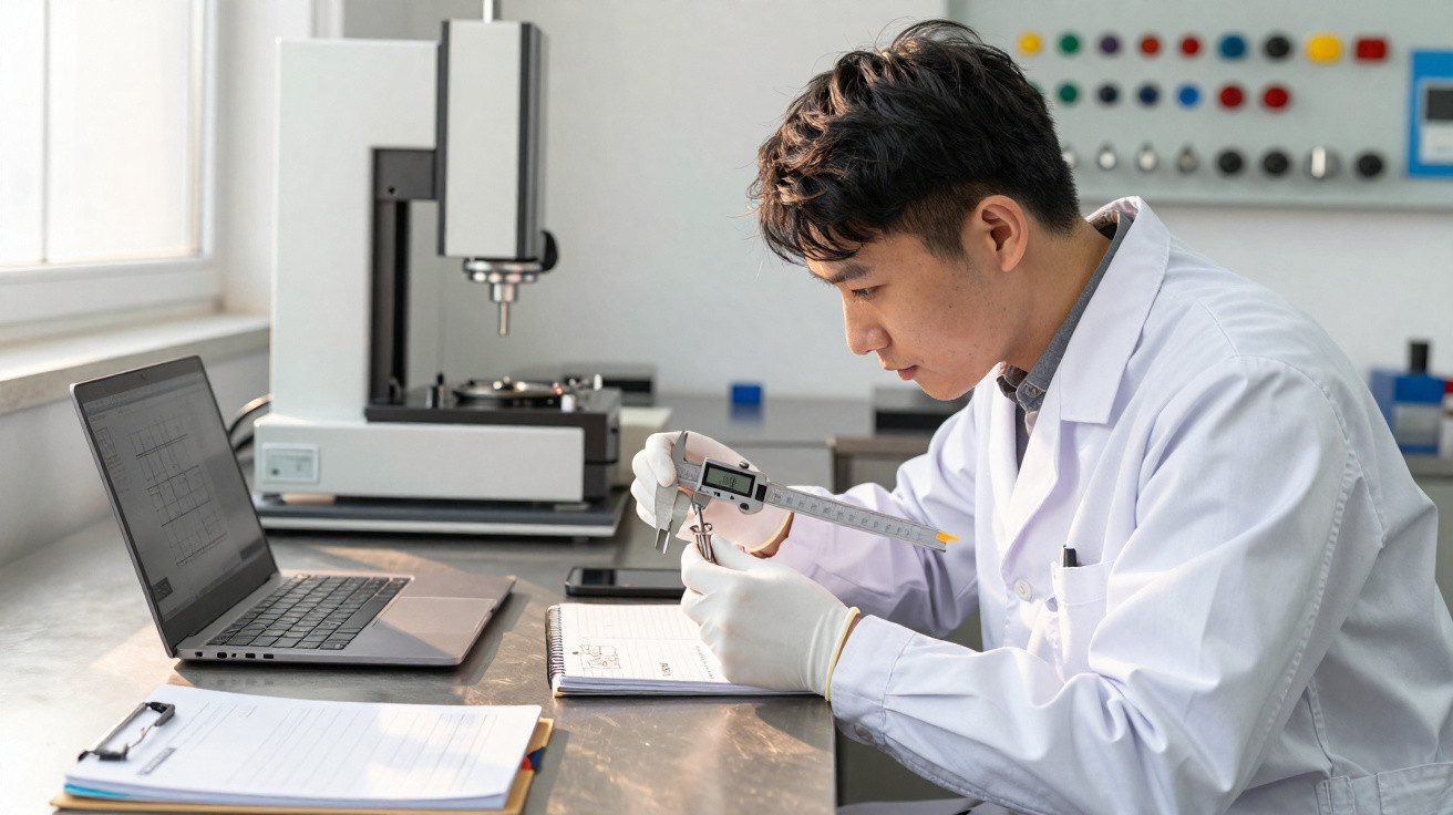 Homem de jaleco branco usando paquímetro para medir peça em laboratório com notebook e equipamentos.
