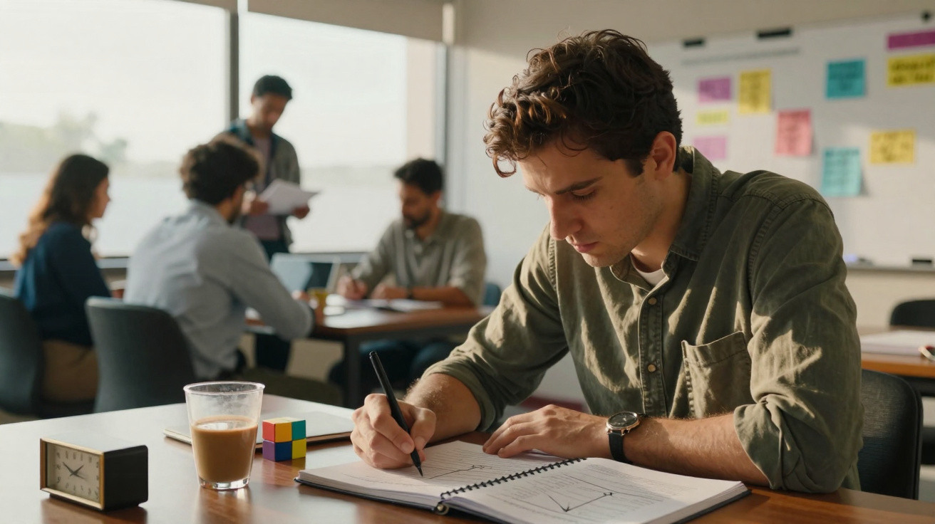 Jovem concentrado escrevendo em caderno em sala com grupo de pessoas discutindo ao fundo.
