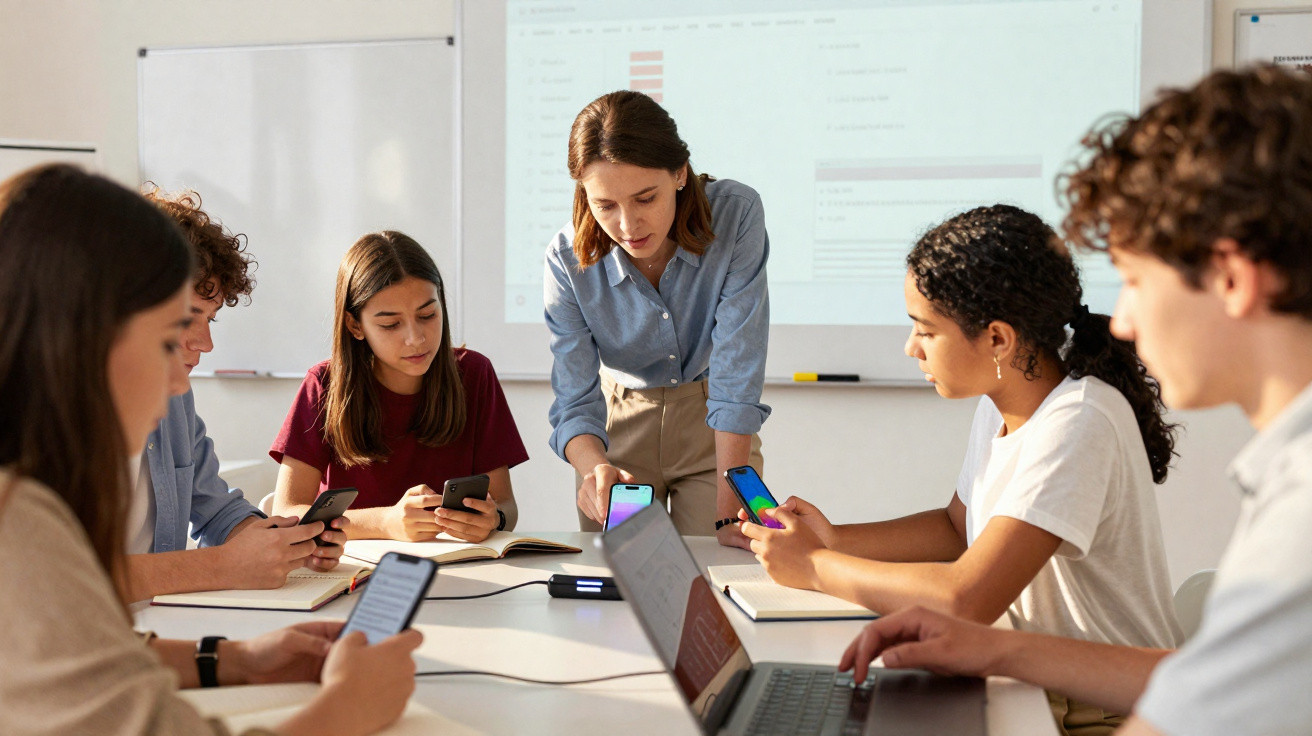 Grupo de jovens em sala de aula usando celulares e laptop, guiados por professora.