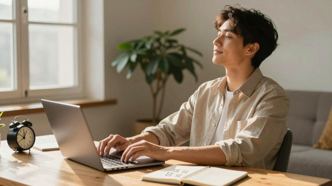 Jovem sentado à mesa com laptop, olhos fechados, relaxando em ambiente iluminado e organizado.