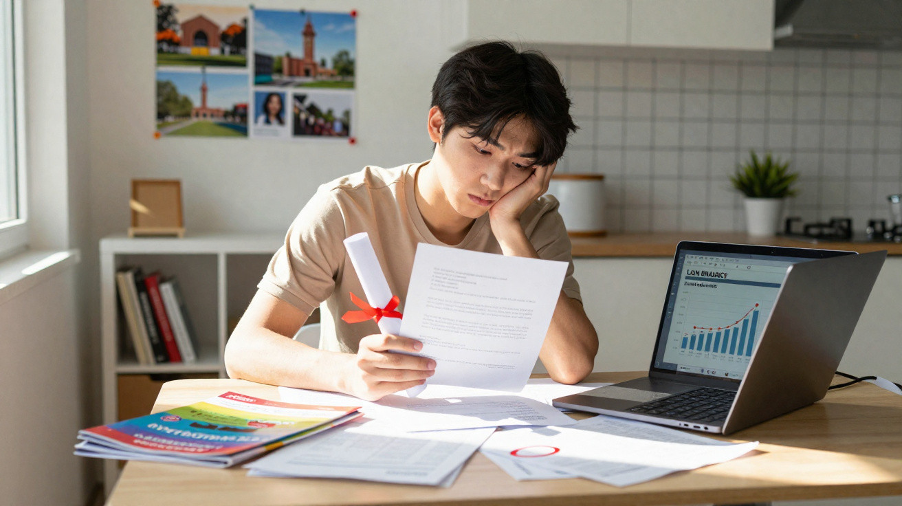Jovem estudando documentos e diploma em mesa com laptop e livros, em ambiente claro e organizado.