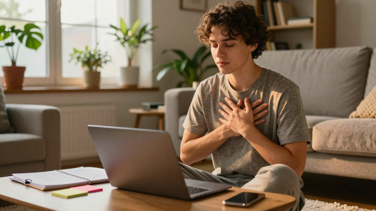 Jovem sentado no chão da sala com mãos no peito, em frente a um laptop sobre mesa de centro.