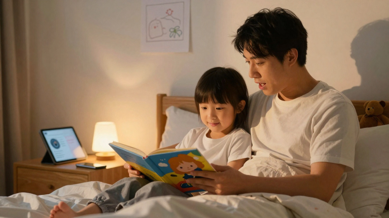 Pai lendo livro para filha na cama em quarto com iluminação suave e tablet ao fundo.