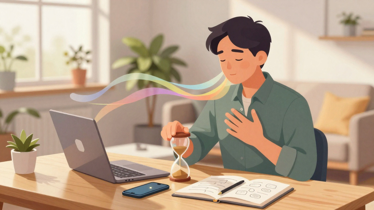 Homem sentado à mesa respirando profundamente com ampulheta, notebook, celular e caderno à sua frente.