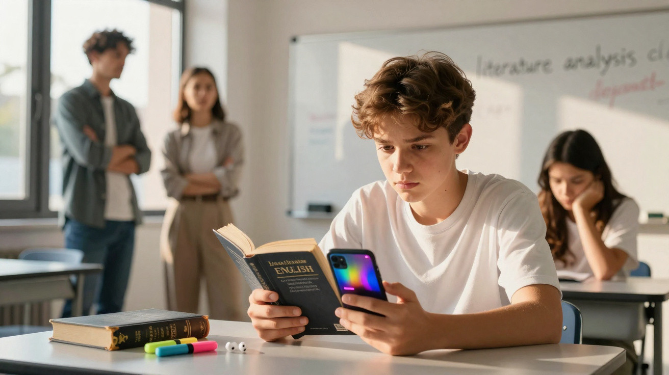 Adolescente lendo livro de inglês e usando celular em sala de aula, com colegas ao fundo.