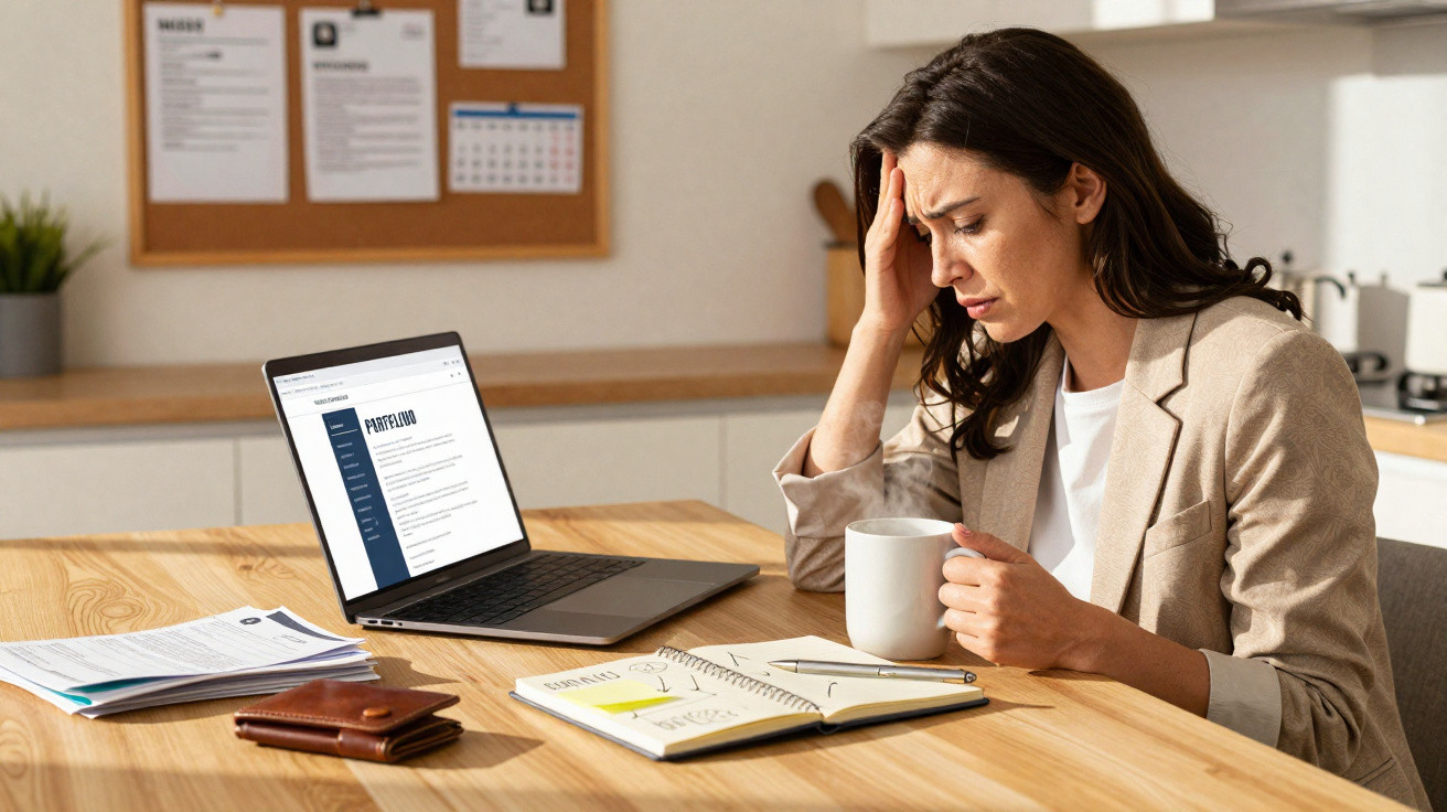 Mulher com expressão preocupada segurando uma caneca, sentada à mesa com laptop, caderno e documentos.
