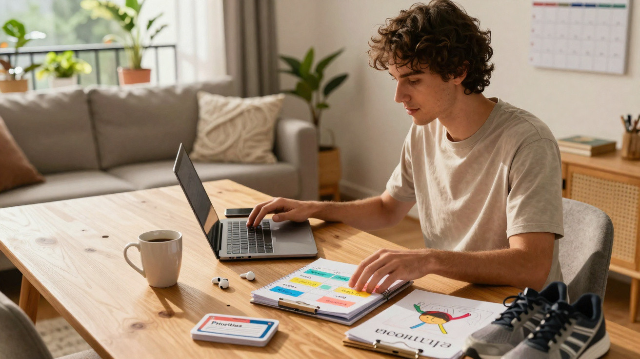 Jovem sentado à mesa, usando laptop e planejando tarefas em planner colorido, com tênis e café ao lado.