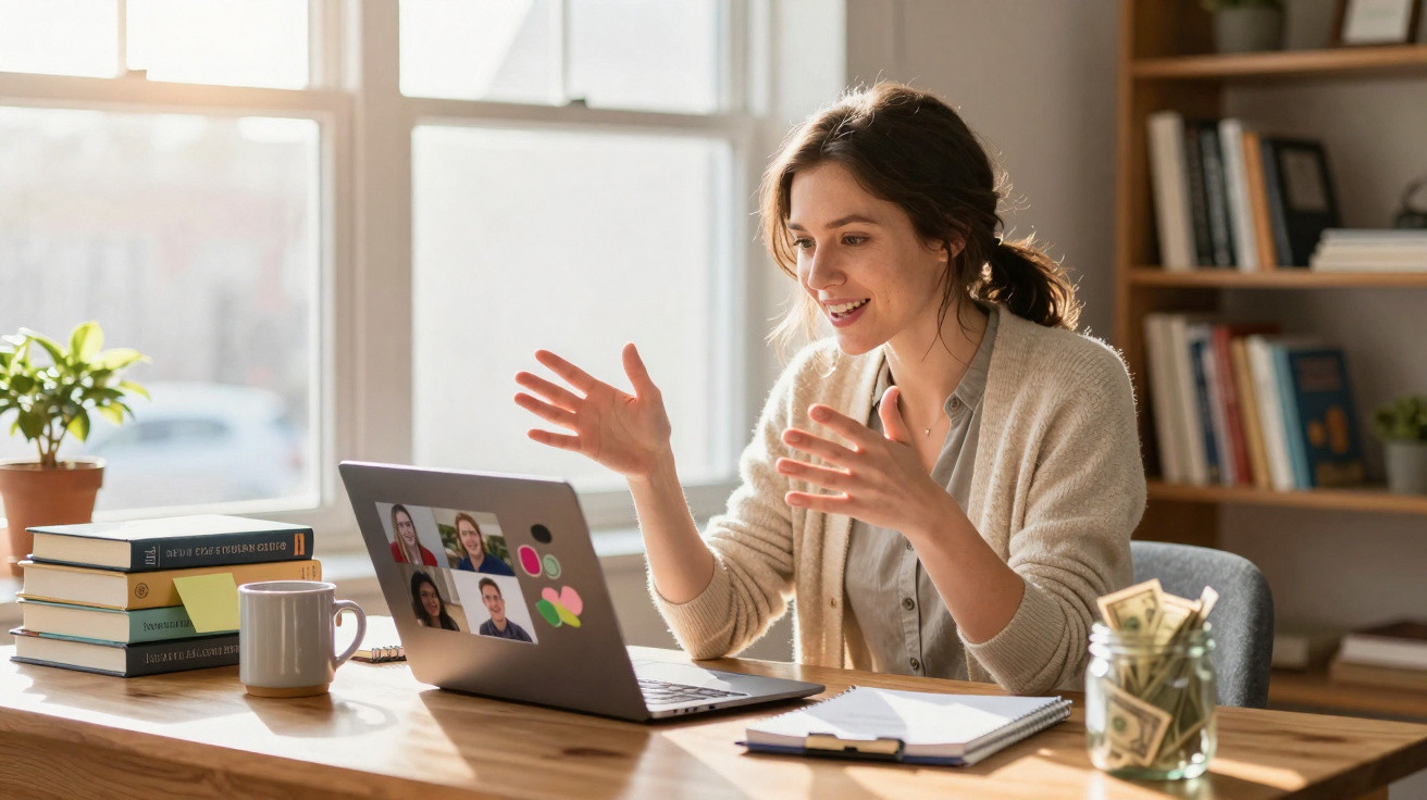 Mulher sorridente participa de reunião virtual em laptop na mesa com livros, caderno e jarra com dinheiro.