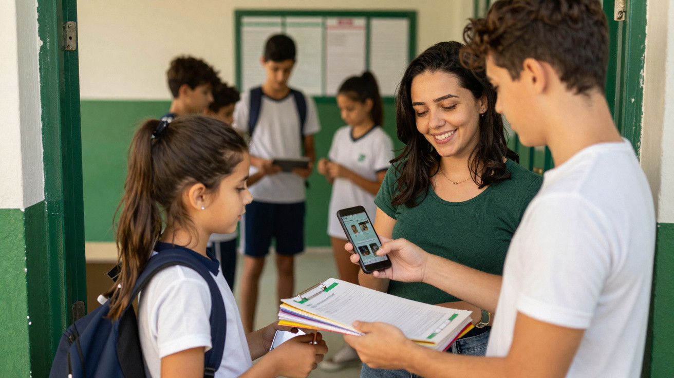 Estudantes em corredor escolar usando celular e cadernos, interagindo e sorrindo.