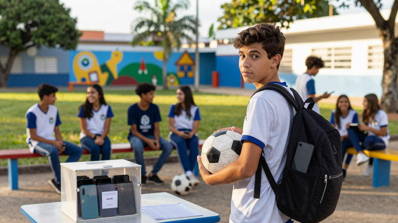 Aluno com mochila e bola de futebol em pátio escolar, com colegas sentados em bancos coloridos ao fundo.