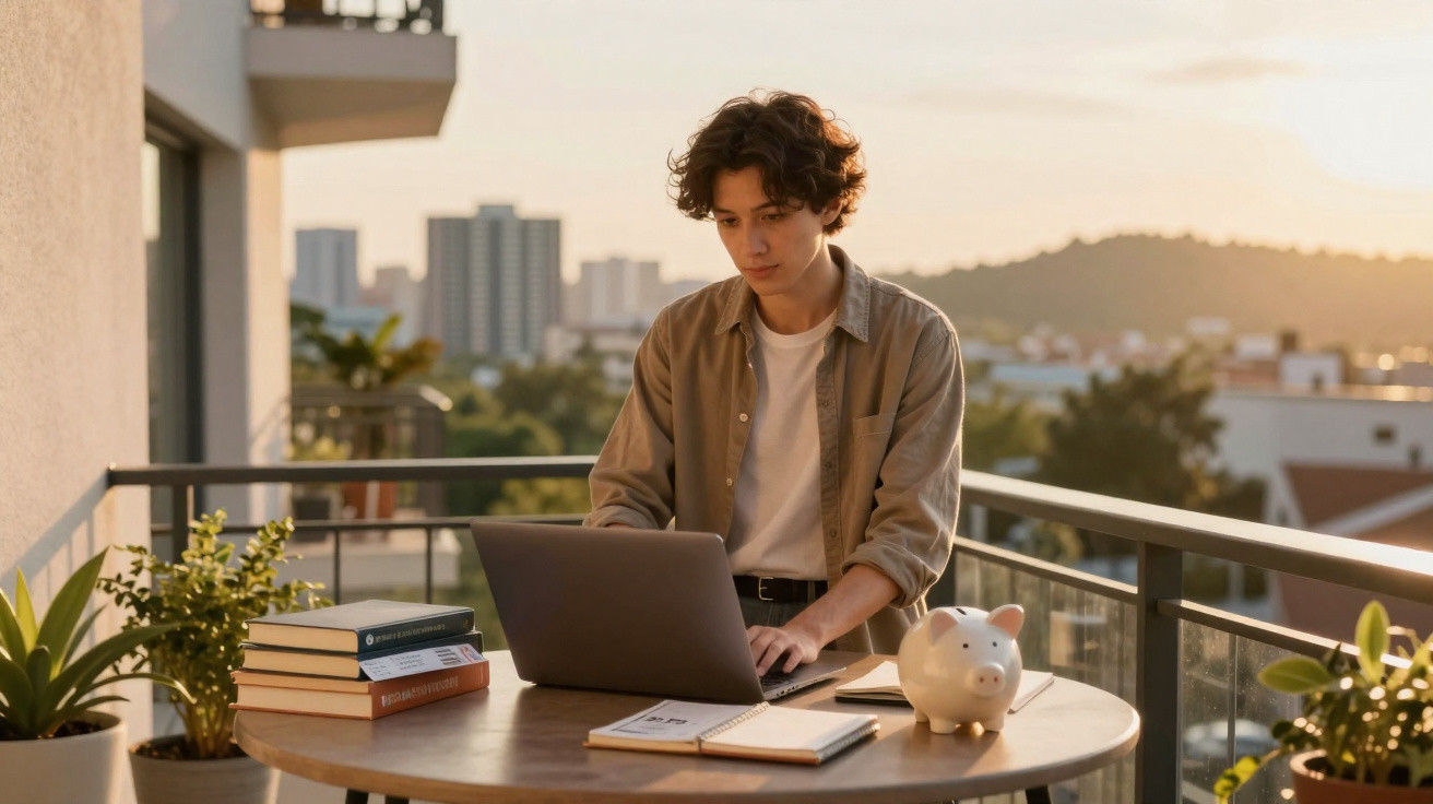 Jovem trabalhando em laptop na varanda ao pôr do sol com livros, cofrinho e plantas na mesa.