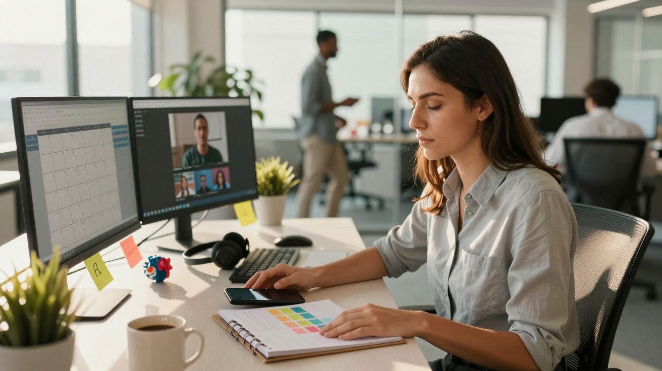 Mulher em escritório moderna trabalhando com computador e planejador, em videoconferência e ambiente colaborativo.