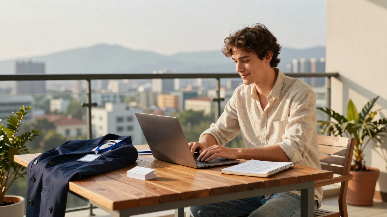 Jovem trabalhando em laptop em varanda com caderno e jaqueta sobre a mesa de madeira.