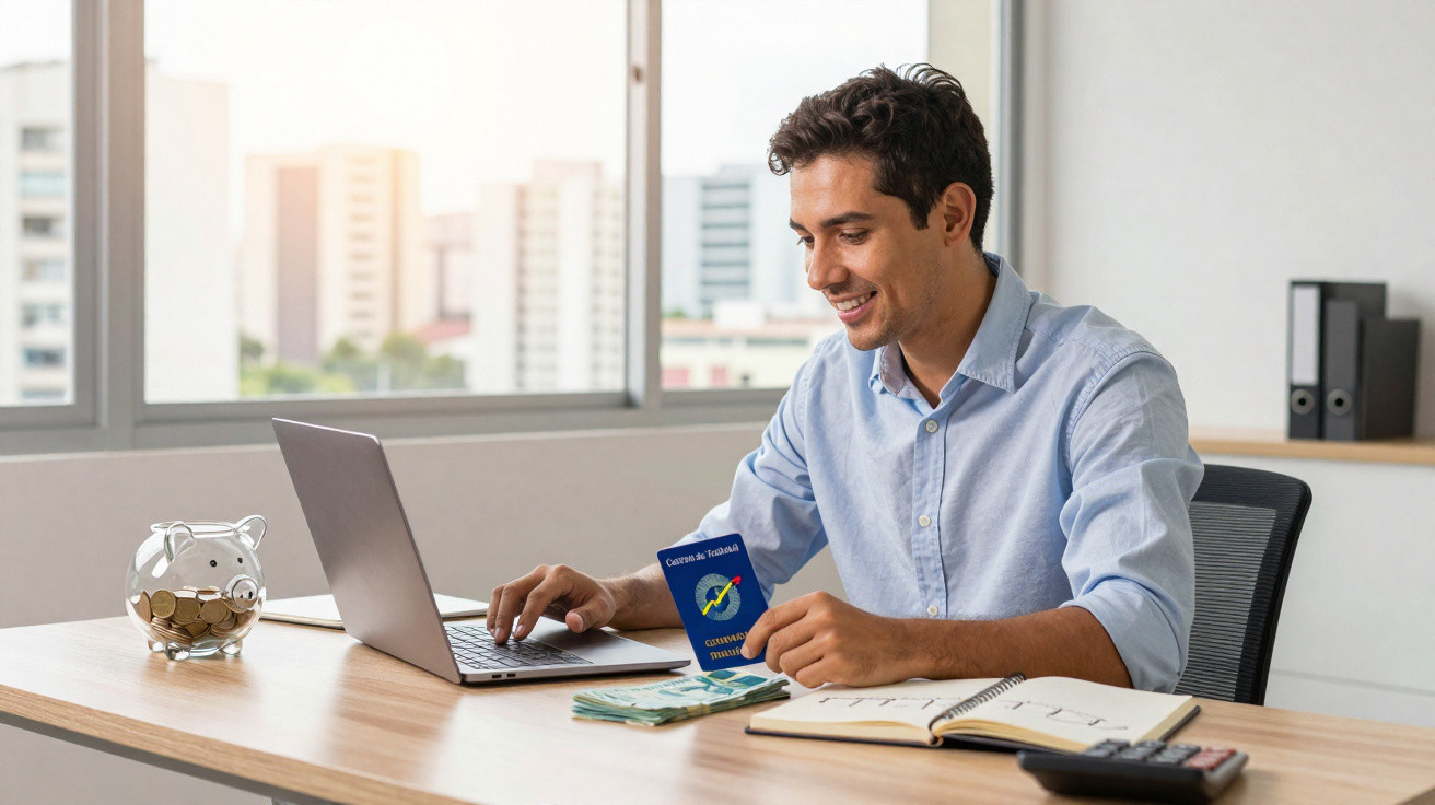 Homem sentado à mesa com laptop, carteira de motorista, caderno e cofrinho de porquinho transparente.