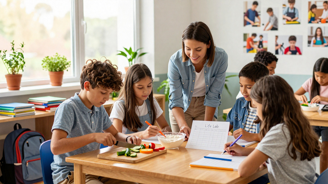 Professora orienta grupo de crianças fazendo experimento com alimentos em ambiente escolar iluminado.