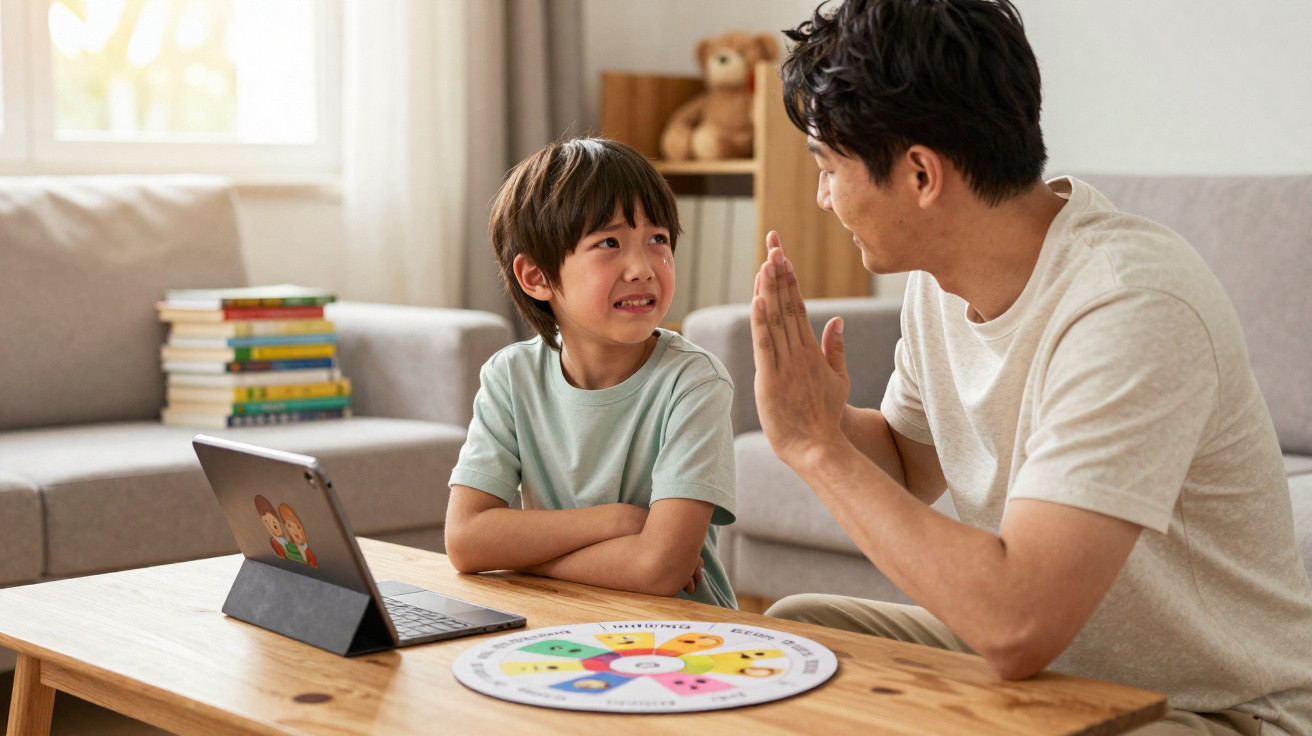 Pai conversa com filho triste enquanto jogam em um tablet e rodam uma roda de emoções na mesa da sala.