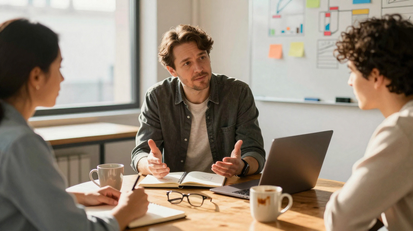 Três pessoas em reunião de trabalho com notebook, cadernos e café em mesa de escritório iluminado.
