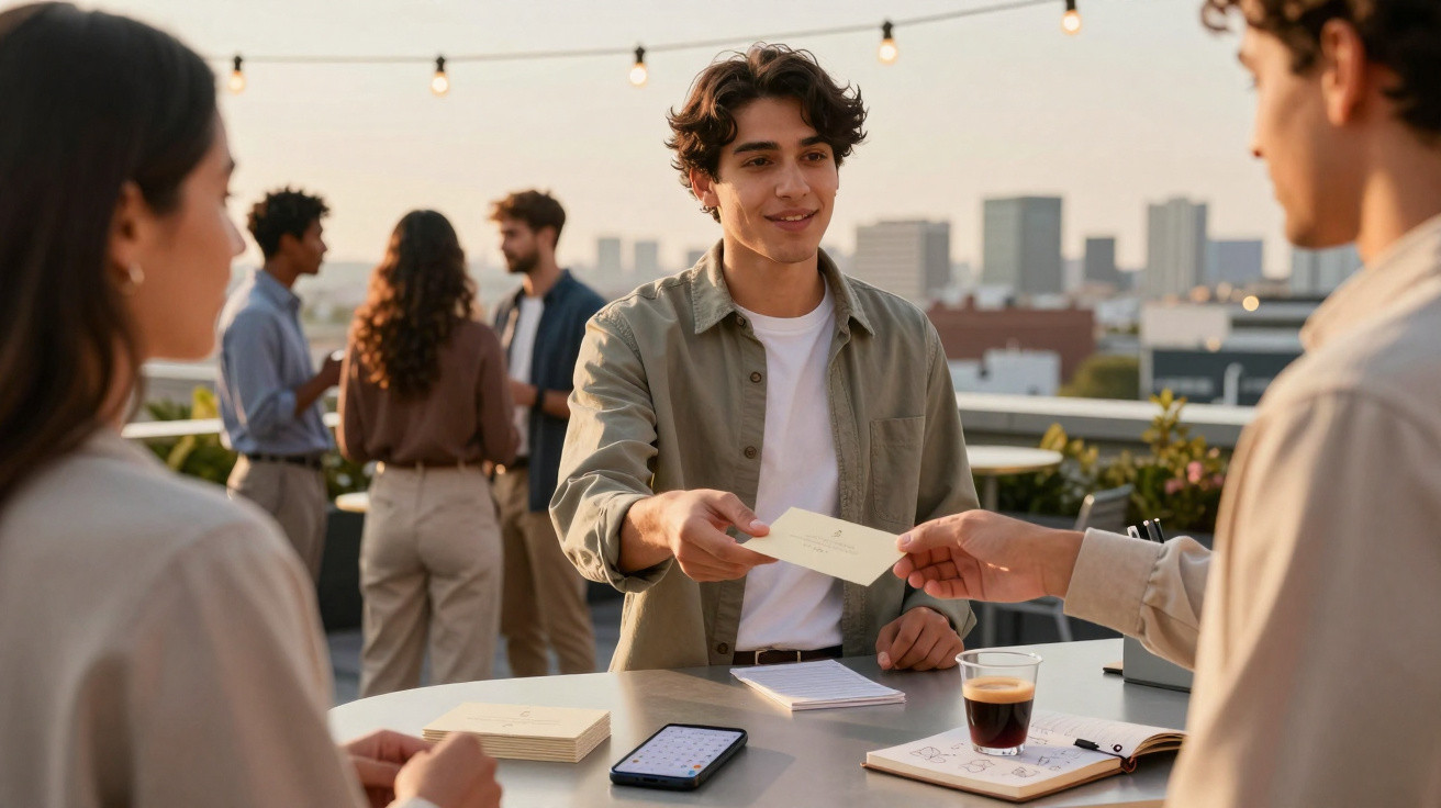 Jovem entregando cartão de visita em reunião casual ao ar livre ao entardecer com outras pessoas ao fundo.