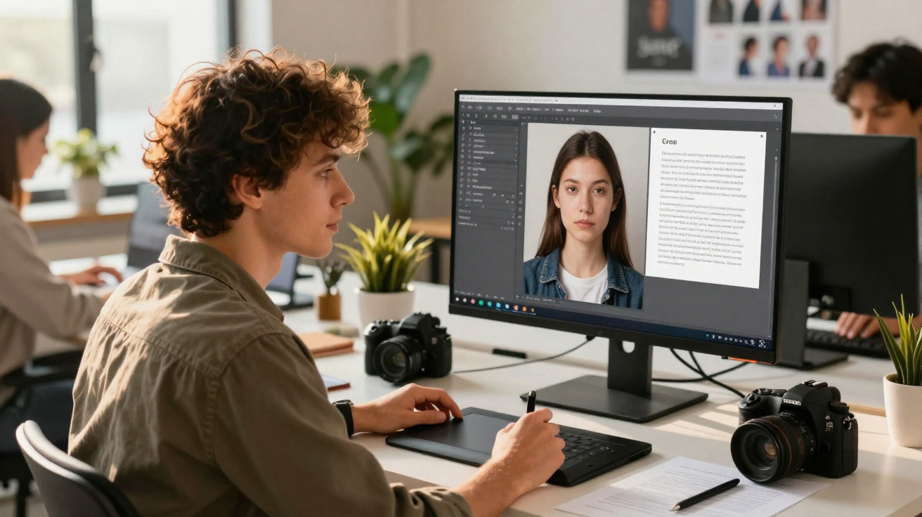 Jovem editando foto de retrato feminino em computador com mesa cheia de equipamentos fotográficos.