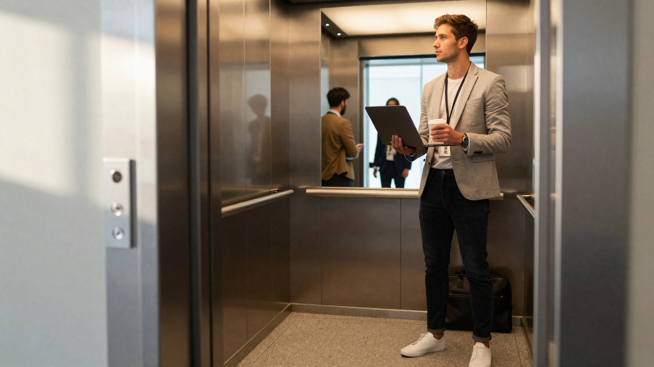 Homem de terno cinza com laptop e café em elevador moderno refletindo outras pessoas.
