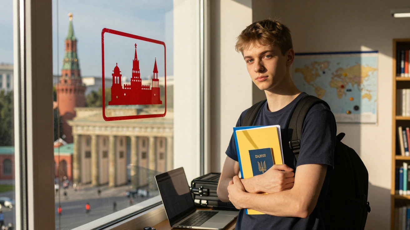 Jovem segurando caderno com símbolo da Ucrânia, em sala com mapa e vista para prédio histórico.