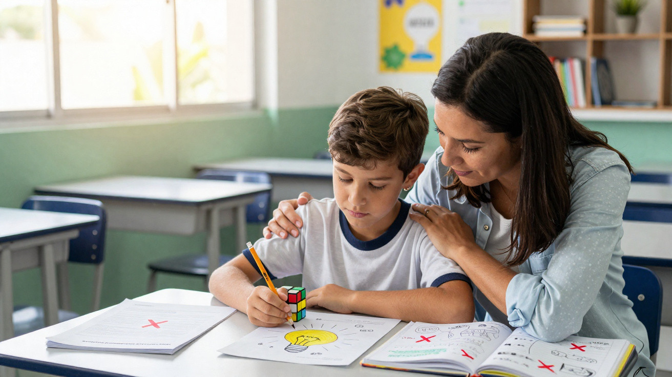 Professora ajudando aluno em atividade escolar com desenhos e exercícios marcados em vermelho.