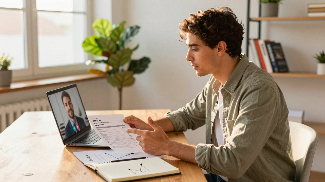 Jovem analisa documentos enquanto participa de videoconferência com homem no laptop em mesa de escritório.