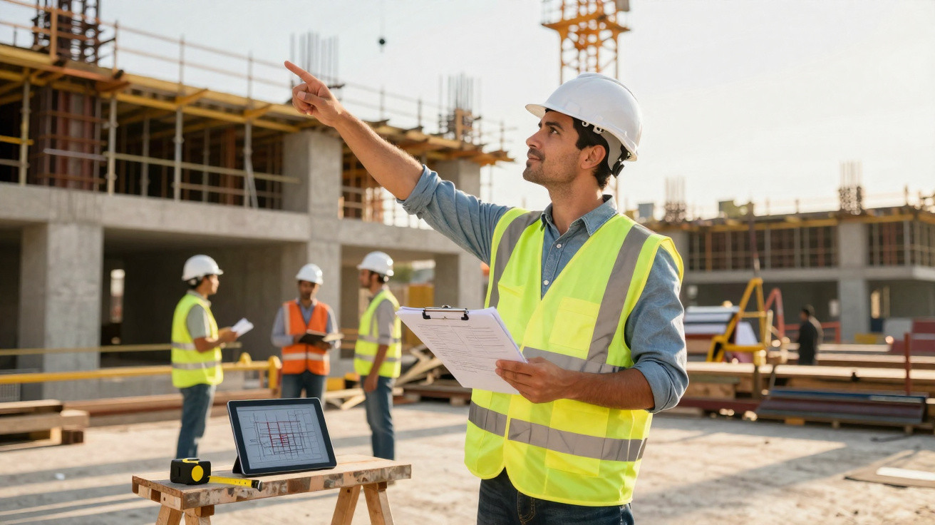 Engenheiro em canteiro de obras aponta e coordena equipe com tablet e prancheta.