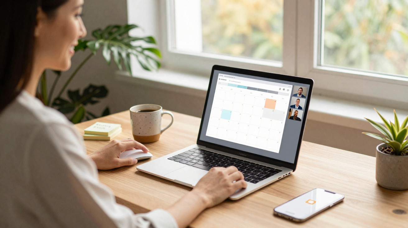 Mulher em vídeo chamada usando laptop com calendário em mesa de madeira ao lado de celular e xícara.