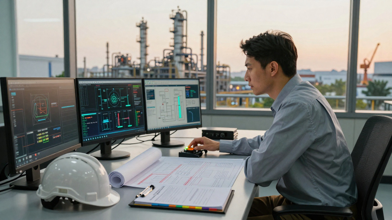 Engenheiro analisando dados de processos industriais em três monitores com planta industrial ao fundo.