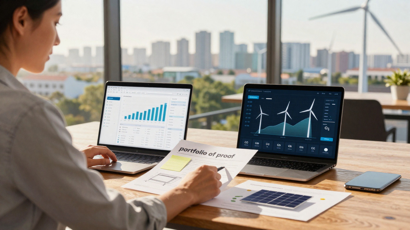 Pessoa analisando gráficos de energia e renováveis em dois laptops e documentos, com turbinas eólicas ao fundo.