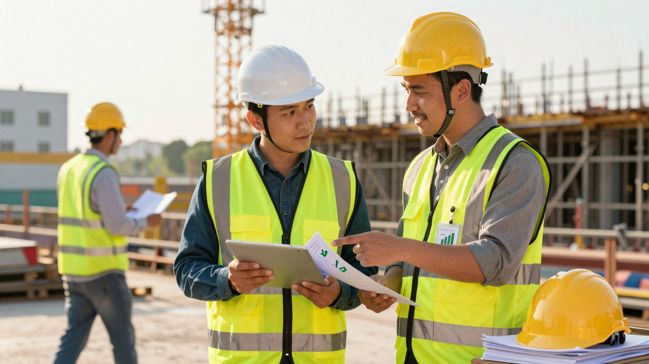 Dois engenheiros conversando em obra, com capacete e colete, analisando documentos e tablet.