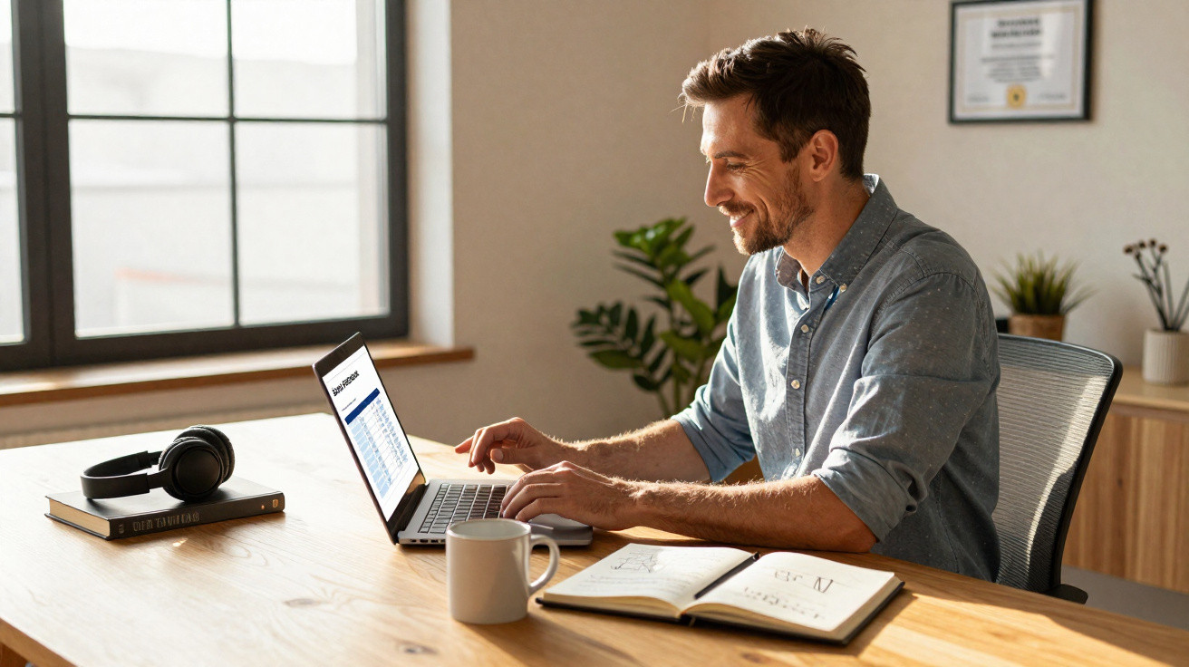 Homem sorridente trabalhando no laptop em escritório com caderno, xícara e fones sobre a mesa.
