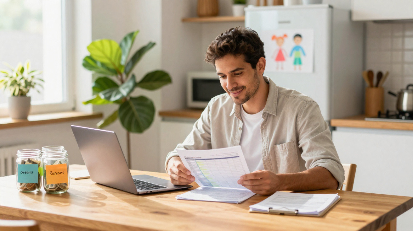 Homem sorridente fazendo contas e segurando documento sentado à mesa com laptop e potes de dinheiro no ambiente doméstico.