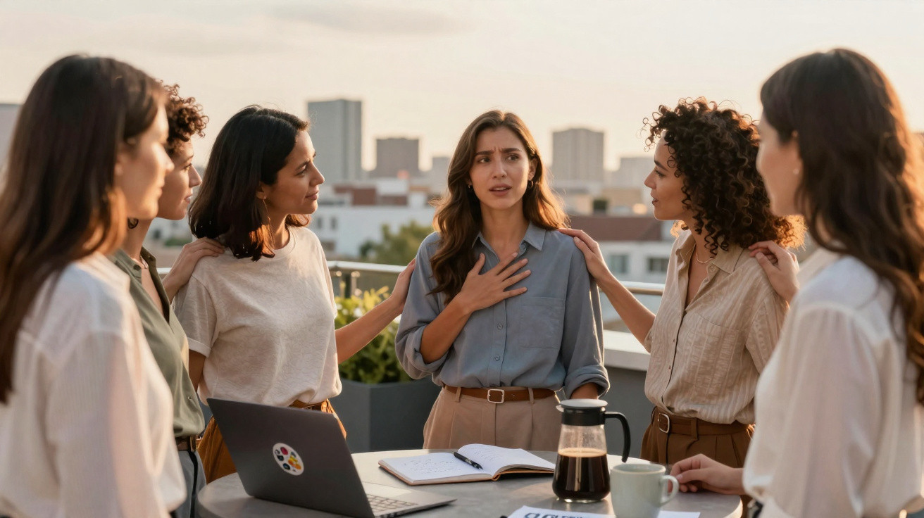 Grupo de seis mulheres em reunião ao ar livre, com uma delas falando enquanto as outras escutam apoiando.