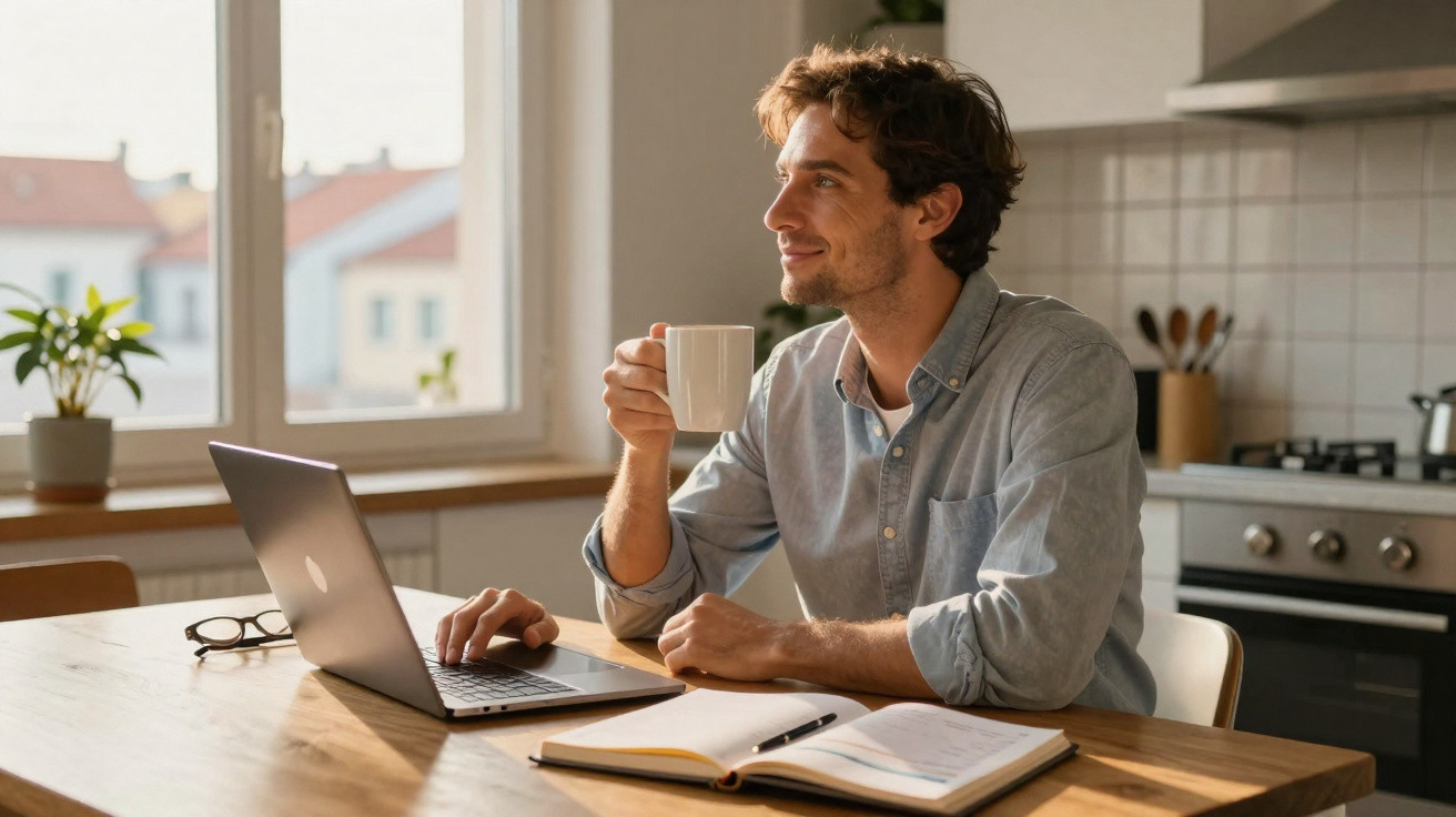 Homem sentado na cozinha com laptop, caderno e tomando café olhando pela janela.